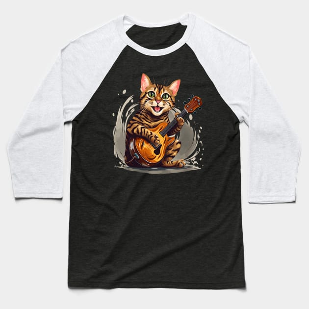 Bengal Cat Playing Guitar Baseball T-Shirt by Graceful Designs